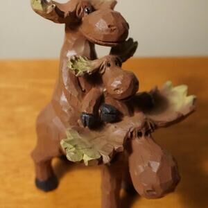 MOOSE FAMILY Riding Piggy Back Figurine Rustic Lodge Primitive Cabin Home Decor
